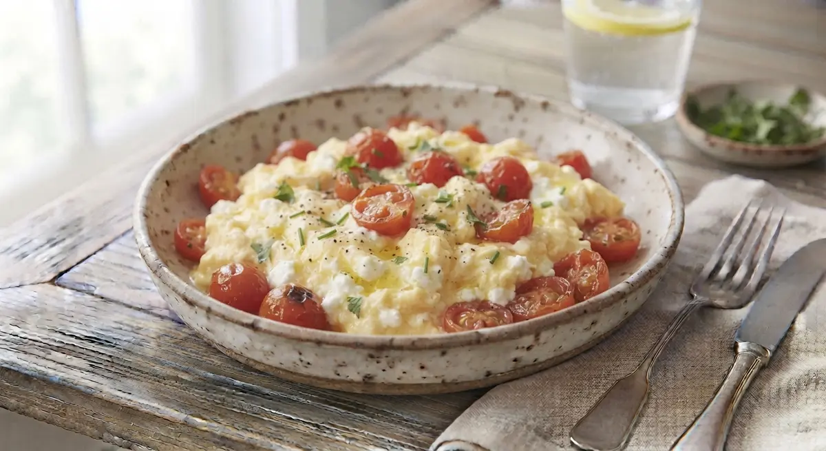 Soft Scrambled Eggs with Cottage Cheese & Tomatoes